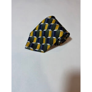 Bettini Silk Tie Made In Italy Green Blue Yellow Geometric Pattern Designer